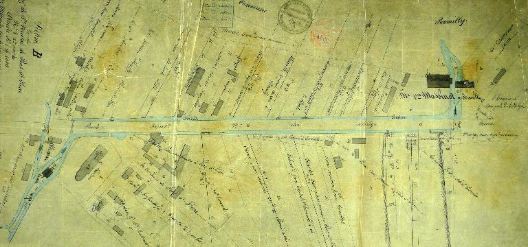 Plan de situation des moulins et usines établies sur le fossé de Coutume, 1843 (AD Eure. 18 S 58).