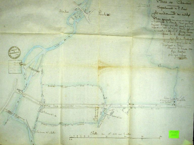 Plan de situation des moulins et usines Massinot (ex Lancelevée), Mary, d’Houdemare, Mignot et Pouchet, 6 août 1846 (AD Eure. 18 S 59).