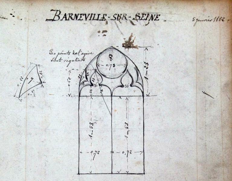 Plan d'une verrière de l'église paroissiale par l'atelier Duhamel-Marette, encre sur papier, 1882, AD27 75 J 3.