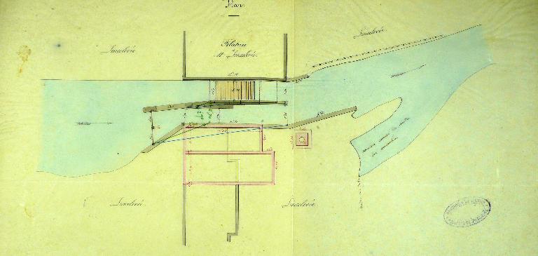  Plan masse du système hydraulique de l’usine de M. Lancelevée, 1/200e, 18 janvier 1856. (AD Eure. 19 S 2).