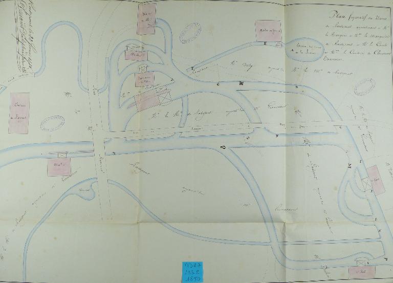 Plan de l’indiennerie de M. de Radepont, du moulin du Pont appartenant à M. Levavasseur et des filatures Saint-Pierre et Saint-Paul prop de M. Dutuit, 22 février 1850 (AD Eure. 19 S 2).