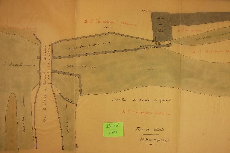  Plan détaillé du système hydraulique du moulin du Pont, 30 sept 1901 (AD Eure. 18 S 66).