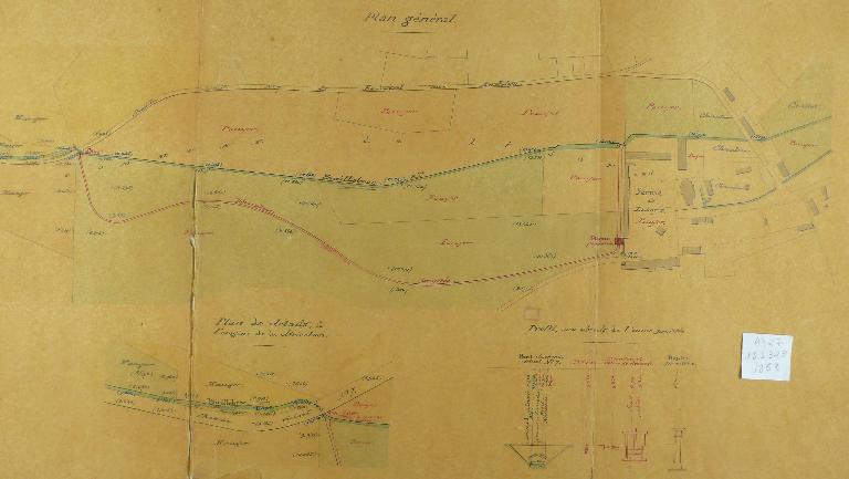 Plan de situation de la roue projetée par M. Pouyer, 1/2500e, 7 septembre 1868 (AD Eure. 19 S 31).