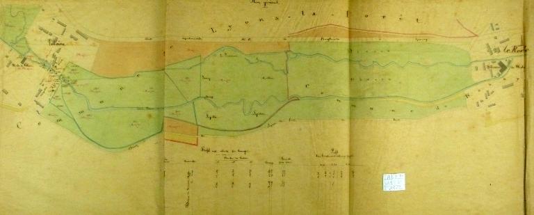 Plan de situation du moulin de Villaine à Lyons appartenant à M. Mazire et de la filature du Roule à Rosay, 1862 (AD Eure. 19 S 41-2).