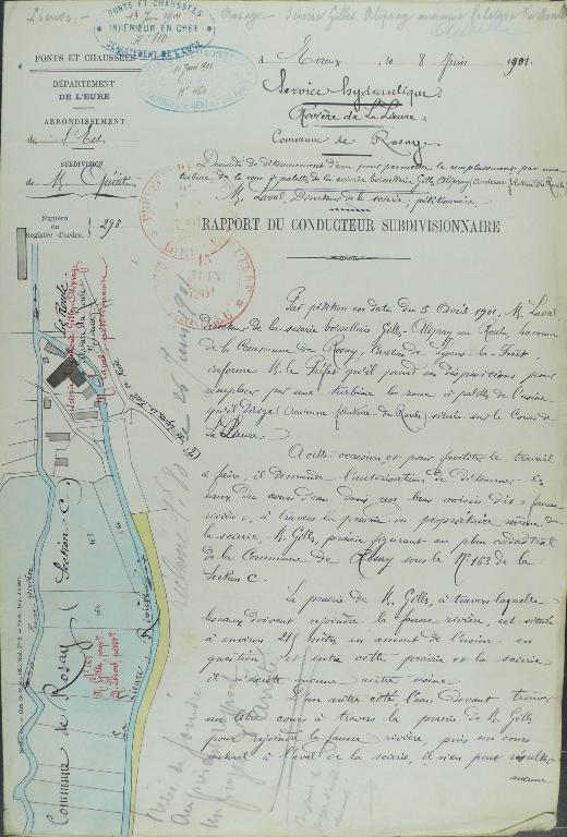 Plan de situation de l’usine du Roule dressé sur le rapport de l’Ingénieur des Ponts et Chaussées, 8 juin 1901 (AD Eure. 19 S 41-2).