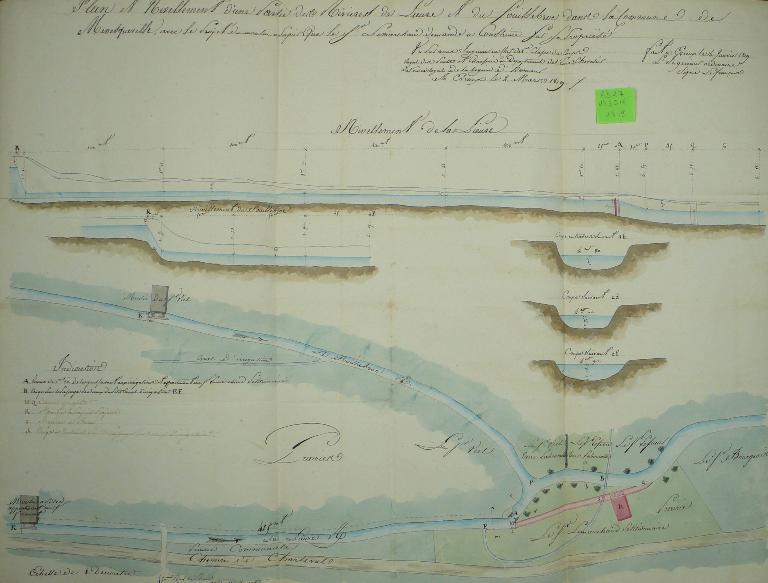 Plan de situation du moulin à blé de M. Frémond établi sur la Lieure et du moulin à papier projeté en aval par Cyrille Lemarchand, 14 janvier 1819 (AD Eure. 19S 41).