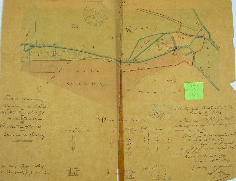 Plan de situation du moulin de la Bretèque, 1/2000, 22 août 1859 (AD Eure. 1 8S 515).