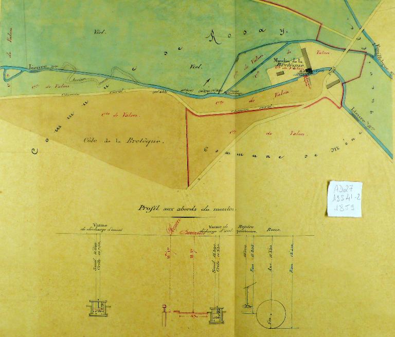 Plan de situation du moulin de la Bretèque, 1/2000, 22 août 1859 (AD Eure. 19 S 41-2).