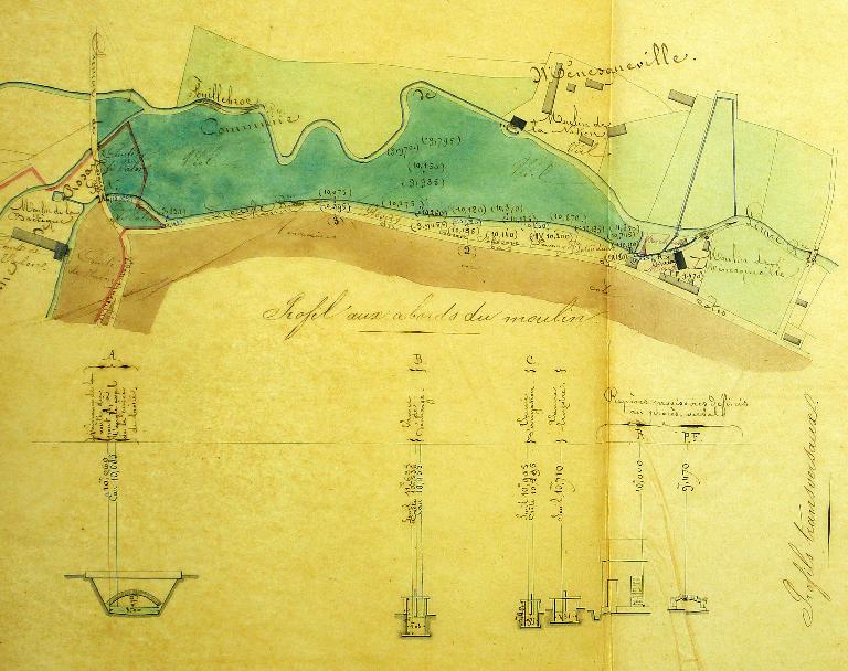 Plan de situation et profils de l’usine Marchand et situation du moulin de la Bretèque appartenant au Conte de Valon établi en amont sur la Lieure sur la commune de Rosay, 14 avril 1862 (AD Eure. 18 S 514).