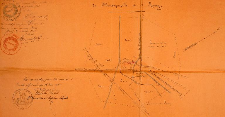 Plan de situation du moulin de la Bretèque et de la laiterie de MM. Vincent et Moreau à Menesqueville, 5 octobre 1903 (AD Eure. 5 M 216).