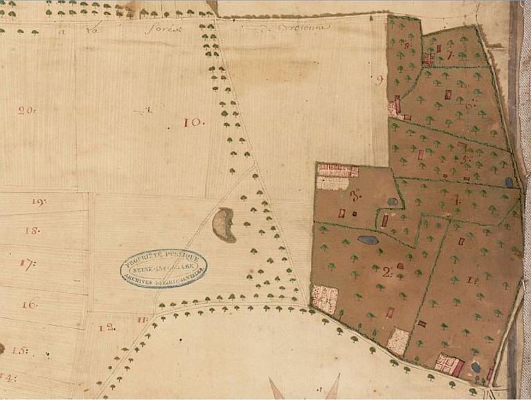 Extrait du plan et arpentage d'une partie des terres de la paroisse du Lendin dépendantes de la baronnie de Hauville, 1788.  ; Extrait du plan et arpentage d'une partie des terres de la paroisse du Lendin dépendantes de la baronnie de Hauville, 1788. 
