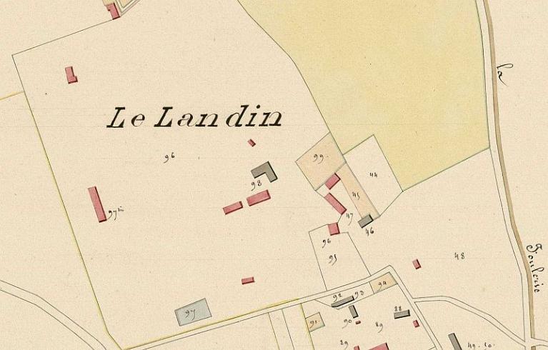 Extrait du cadastre napoléonien du Landin (section A, parcelles 95 à 99), 1826. ; Extrait du cadastre napoléonien du Landin (section A, parcelles 95 à 99), 1826.
