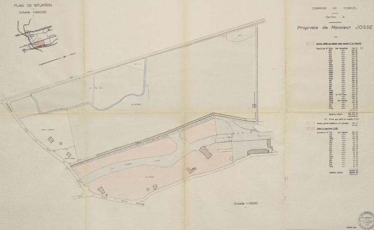 Plan de situation de la pisciculture projetée par M. Armand Josse, réalisé par un arpenteur danois, 1960 (AD Eure. 18 S 89).