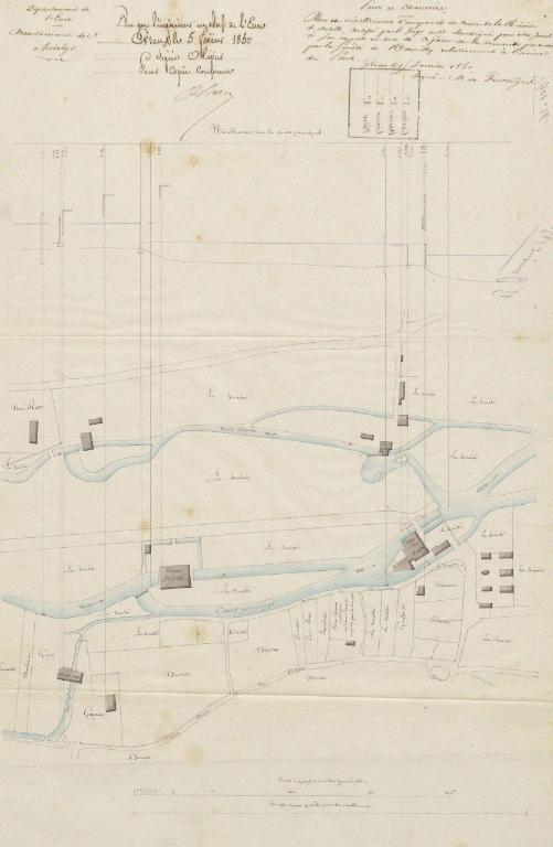 Plan partiel des usines appartenant à la société anonyme des Fonderies, 5 janvier 1850 (AD Eure. 18 S 53). ; Plan partiel des usines de Bétille et des Ponts appartenant à la société anonymes des Fonderies de Romilly et du moulin de la Nation appartenant à M. Guyant, 5 janvier 1850 (AD Eure. 18 S 53). ; Plan de situation des l'usine des Ponts et de l'usine Bétille, 1850 (AD Eure. 18 S 53).