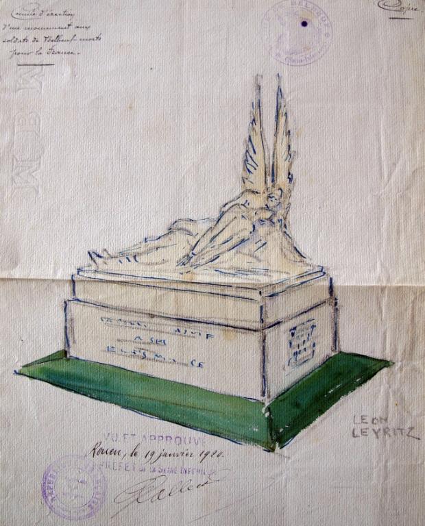 Projet du monument aux morts de Belbeuf.- Dessin, crayon, encre et aquarelle, Léon Layritz, 1919, détail. (AD Seine-Maritime, 2 OP).