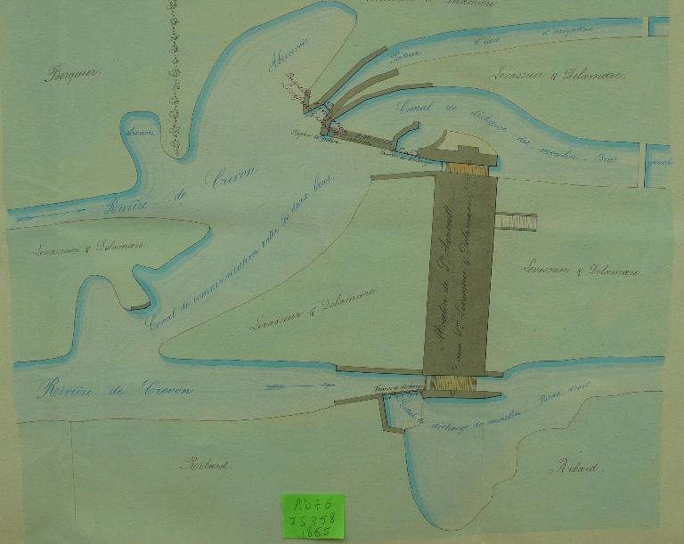Plan masse du moulin de Saint-Arnoult appartenant à MM. Levasseur et Delamare, 15 mars 1865 (AD Seine-Maritime. 7 S 358).