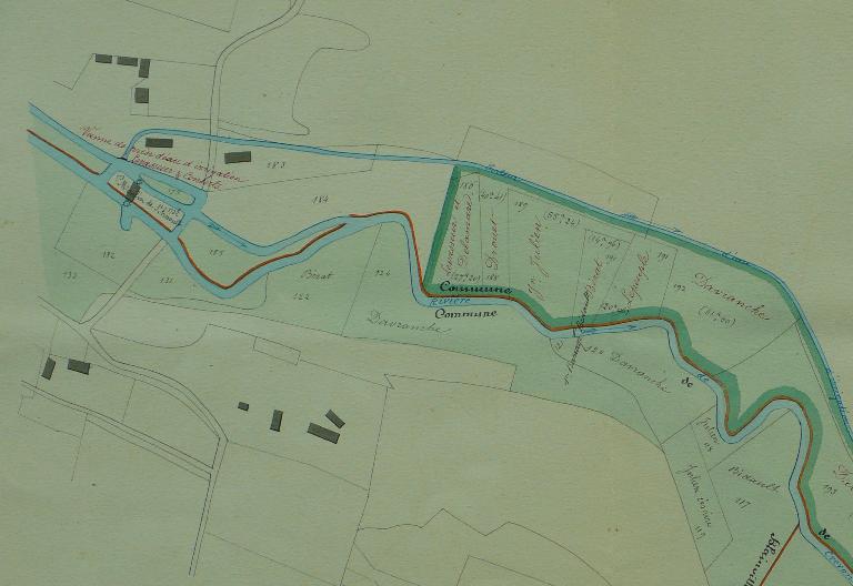 Plan de situation du moulin de Saint-Arnoult appartenant à MM. Levasseur et Delamare, 15 mars 1865 (AD Seine-Maritime. 7 S 358).