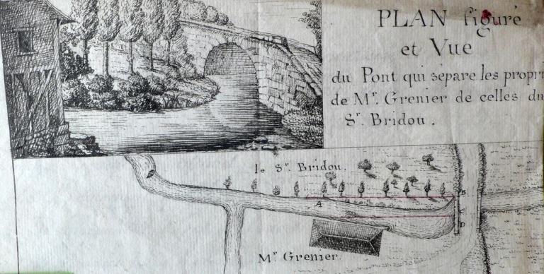 Plan figuré du moulin de M. Grenier d’Ernemont et vue du pont qui sépare les propriétés de MM Grenier et Bridou, 15 messidor an 13 (AD Seine-Maritime. 7 S 525).