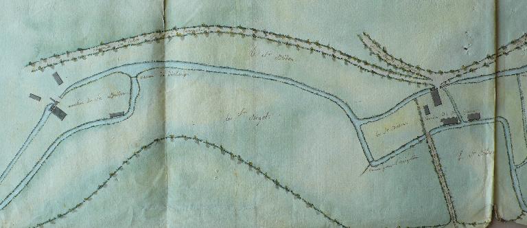 Plan de situation des moulins de M. Grenier d’Ernemont et de M. Bridou, 27 mars 1806 (AD Seine-Maritime. 7 S 525).