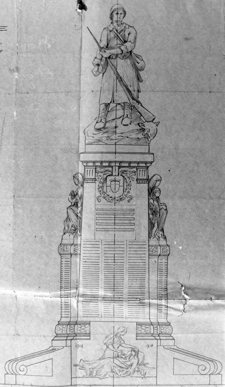 Le monument aux morts de Bolbec.- Dessin de Victorien Lelong, détail, cyanotype, mai 1920. (AD Seine-Maritime, série 2 OP 400/6).