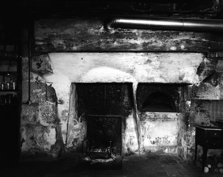 Logis, pièce au feu, vue d'ensemble de la cheminée et four sur le mur ouest.