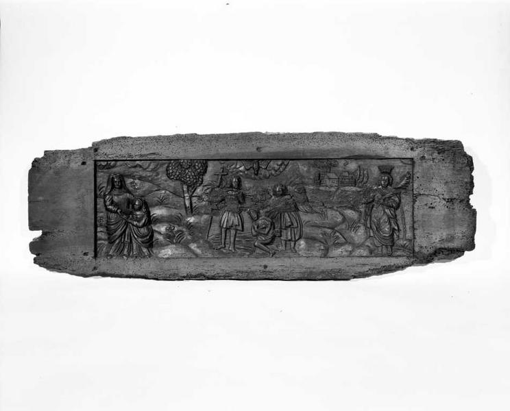Bas-relief : Education de la Vierge, Baptême du Christ, martyr