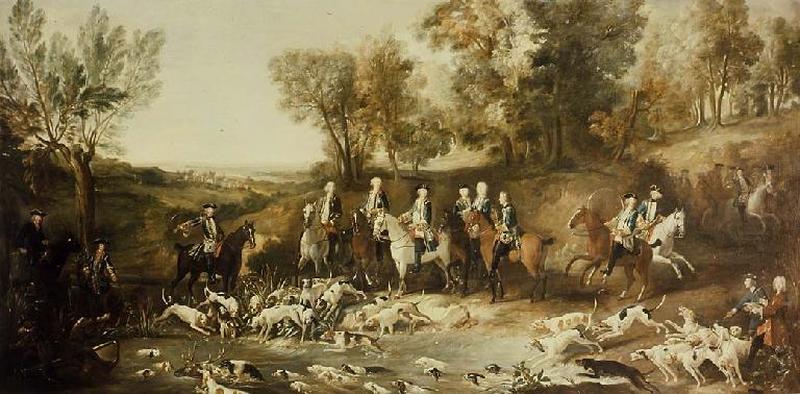 Peinture sur toile représentant la châsse royale en forêt de Saint-Germain en 1728 ; vue d'ensemble.