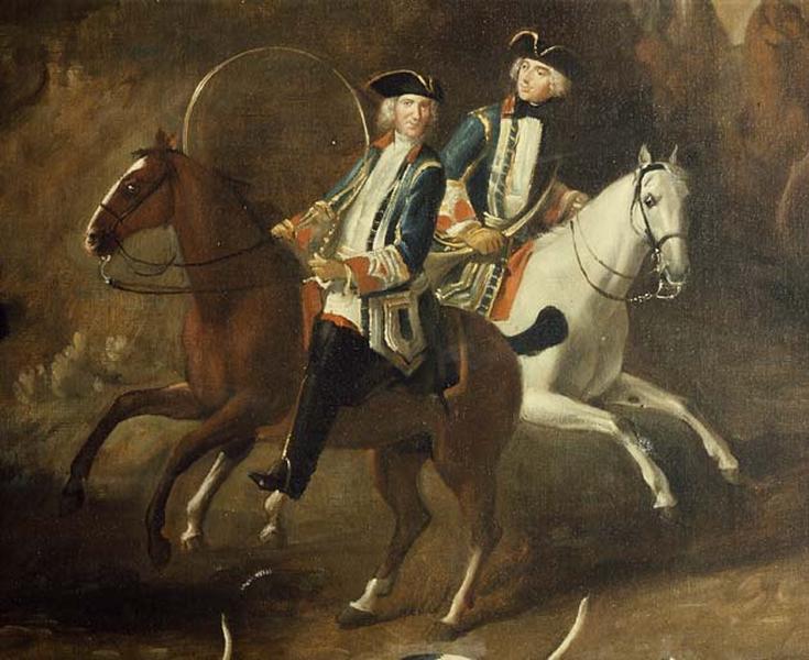Peinture sur toile représentant la châsse royale en forêt de Saint-Germain en 1728 ; détail de la partie droite du tableau de deux cavaliers (de Sorey, Capitaine de vénerie et de Lasmartre, gentilhomme de vénerie).