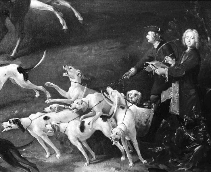 Peinture sur toile représentant une chasse royale de Saint-Germain en 1728 : détail du coin inférieur droit (Jean Valet, de chiens et Oudry, peintre).