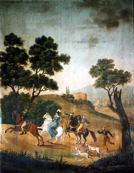 Peinture sur toile représentant une scène de chasse.