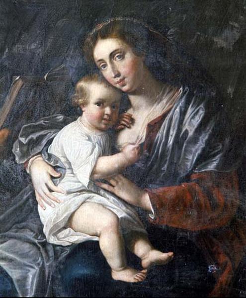 Peinture sur toile représentant la Sainte Famille : détail de la Vierge et l'Enfant.