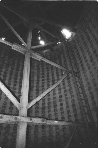 Vue intérieure du colombier, boulins et échelle tournante.