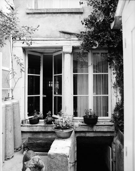 Façade sur cour, fenêtres du rez-de-chaussée et accès à la cave.