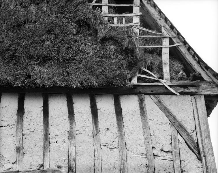 Grange : pignon ouest en chaume et pans de bois, détail.