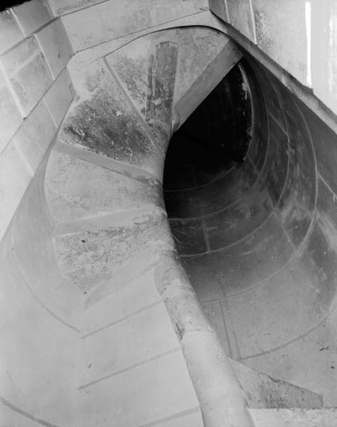 Pilier carré du transept sud, escalier à vis, suspendu au noyau.