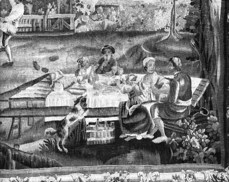 Tapisserie représentant une fête villageoise, détail du repas.