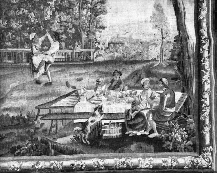 Tapisserie représentant une fête villageoise, détail : le repas et la danse.
