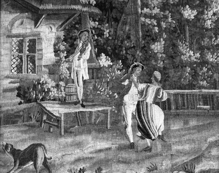 Tapisserie représentant une fête villageoise, détail : le musicien et la danse.