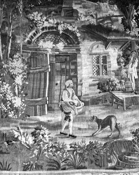 Tapisserie représentant une fête villageoise, détail d'un homme portant des victuailles.