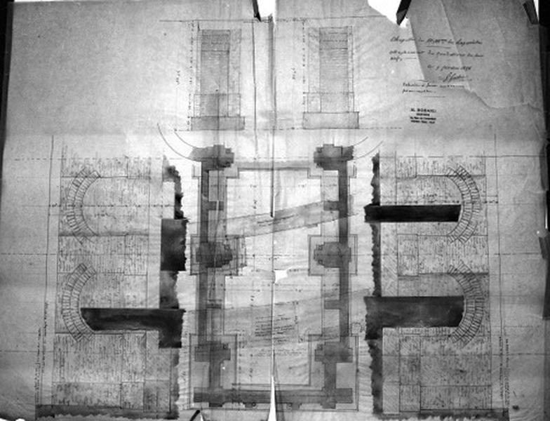 Plan des fondations de la chapelle de Mme les Lazaristes avec l'emplacement des murs de l'amphithéâtre et élévation de ces murs gallo-romains sous l'édifice. Plan Guérin, 6 février 1858.