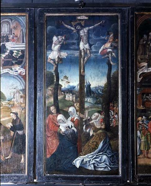 Peinture sur bois représentant la crucifixion.