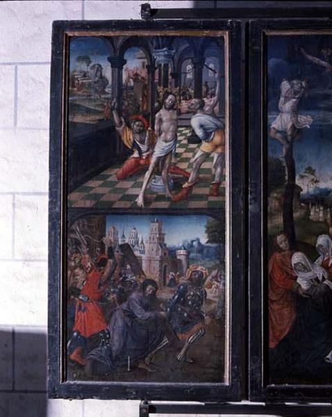 Peinture sur bois représentant la flagellation et le chemin de la croix.