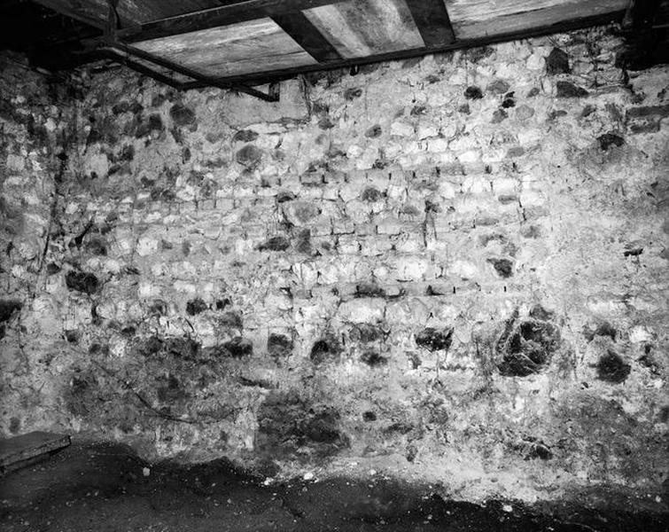 Cave, mur sud ; ce vestige peut correspondre à un fragment de base de la courtine du front nord, côté extérieur.