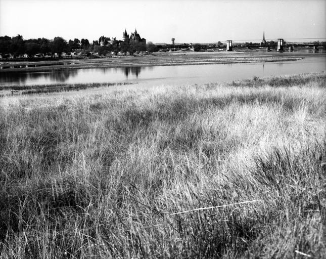 Vue générale du bourg et du château, prise de la rive droite de la Loire à l'est de Saint-Père-sur-Loire.