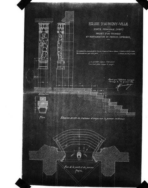 Plan de la porte principale ouest, projet d'un trumeau et restauration du perron intérieur, 1880.