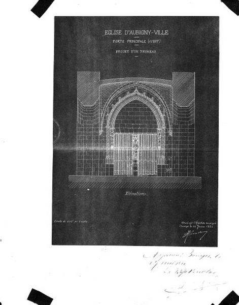 Plan de la porte principale ouest, projet d'un trumeau, élévation, 1880.