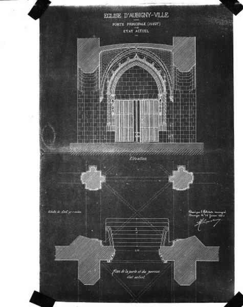 Plan de la porte principale ouest et du perron, état actuel, 1880.