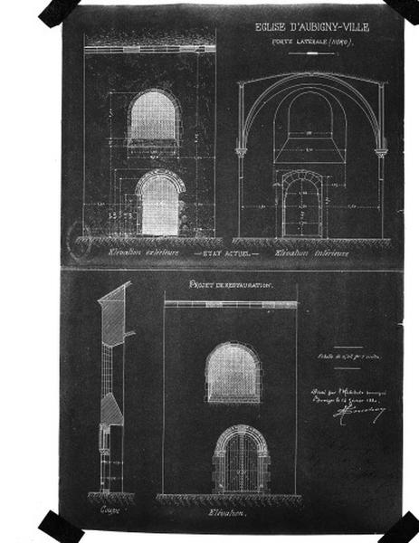 Porte latérale nord, état actuel : élévation extérieure et intérieure ; projet de restauration : coupe et élévation, 1880.