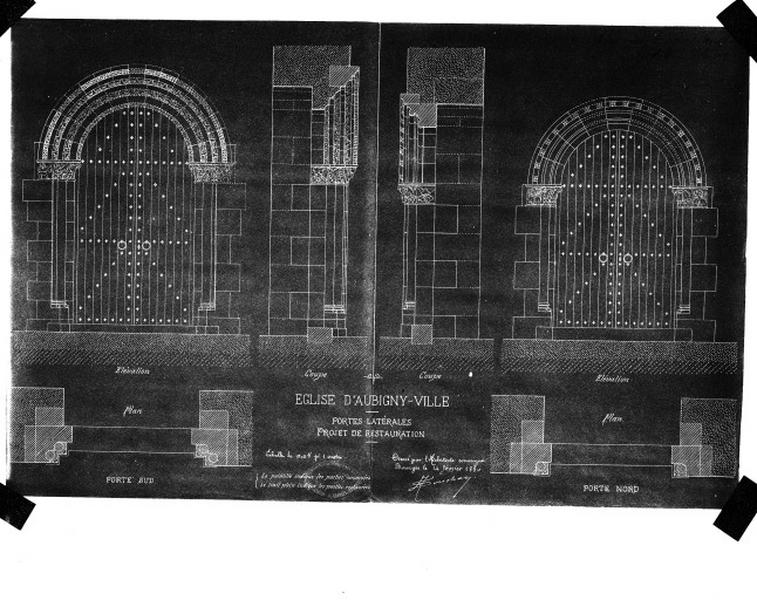 Portes latérales nord et sud, projet de restauration : plan, élévation, coupe, 1880.