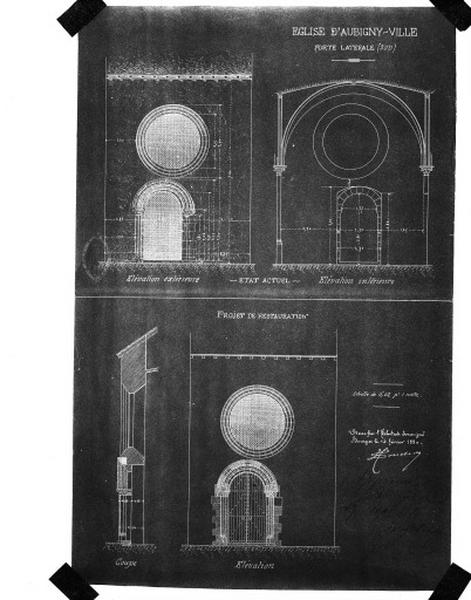 Porte latérale sud, état actuel : élévation extérieure et intérieure ; projet de restauration, coupe et élévation, 1880.